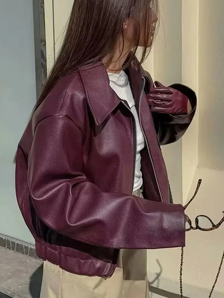 Women’s Cropped Faux Leather Jacket with Zipper and Lapel Collar