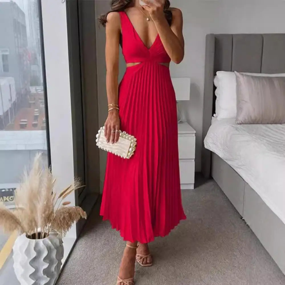 V-Neck Cut-Out Pleated Maxi Dress