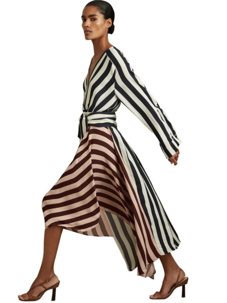 Striped Patchwork Deep V Long Sleeve Maxi Dress