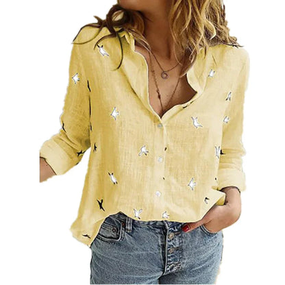 Women’s Vintage Cotton Linen Floral Print Long Sleeve Casual Blouse