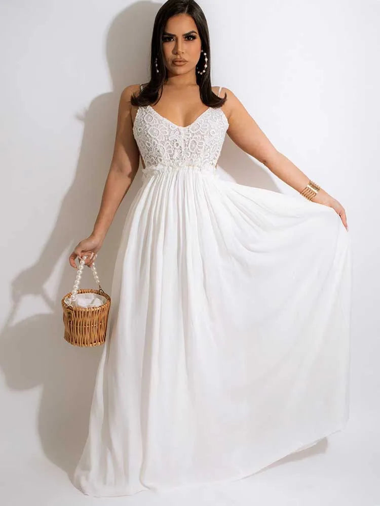 Boho Lace Open Back Maxi Dress with Flowing Skirt