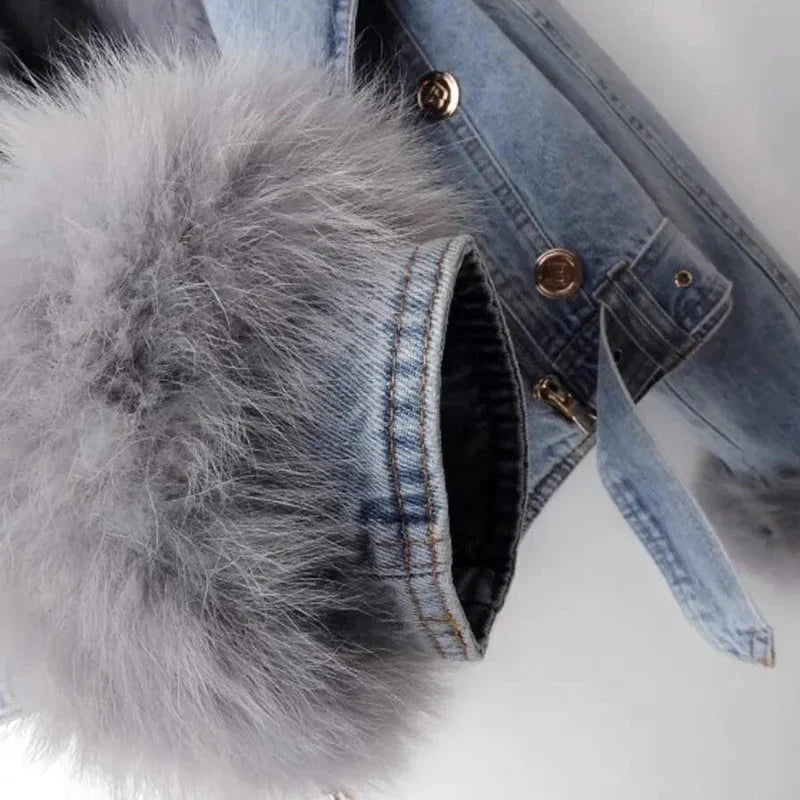 Women’s Cropped Denim Jacket with Faux Fur Collar and Cuffs