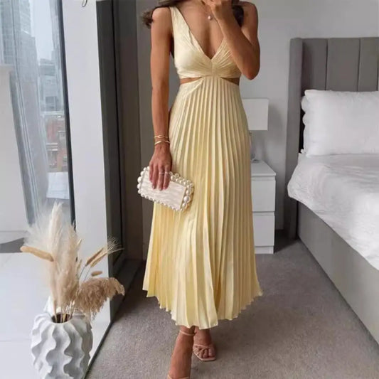 V-Neck Cut-Out Pleated Maxi Dress