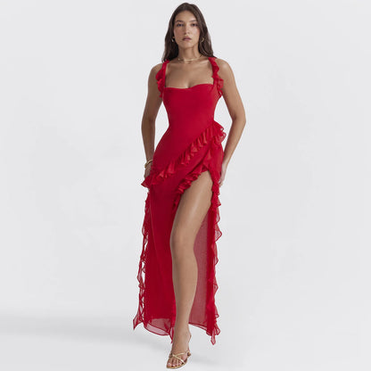 Square Neck Ruffled Slit Maxi Dress