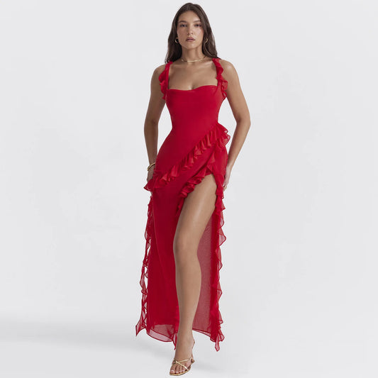 Square Neck Ruffled Slit Maxi Dress