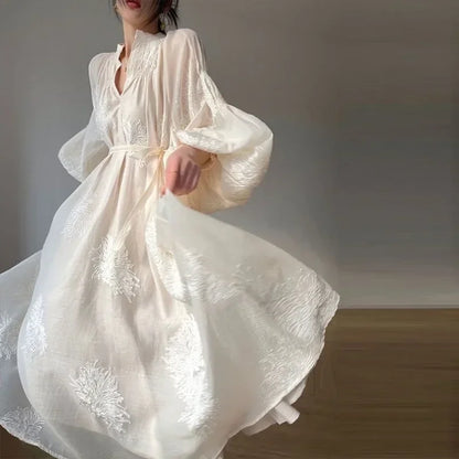 Apricot Embroidered Lantern Sleeve Maxi Dress