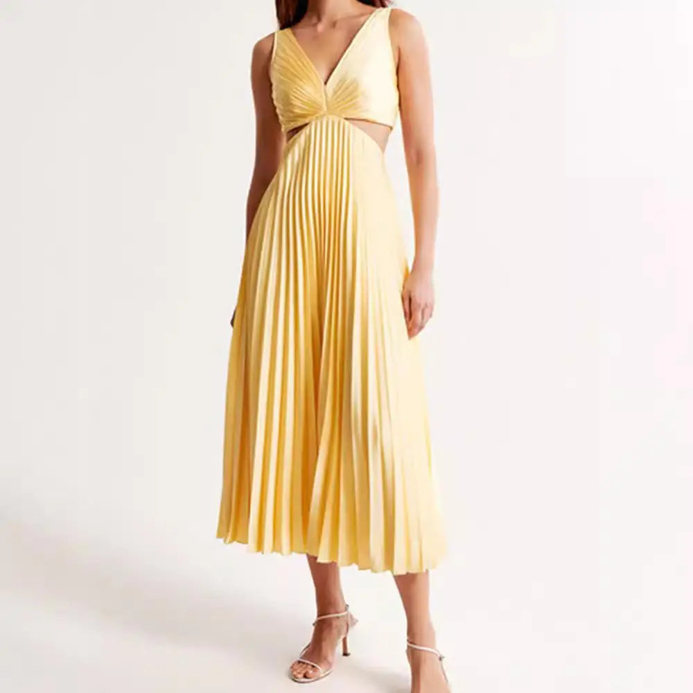 V-Neck Cut-Out Pleated Maxi Dress