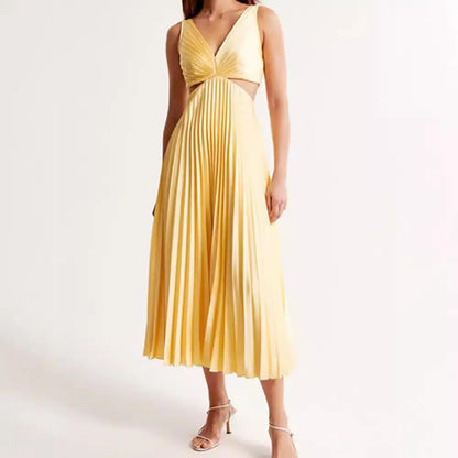 V-Neck Cut-Out Pleated Maxi Dress