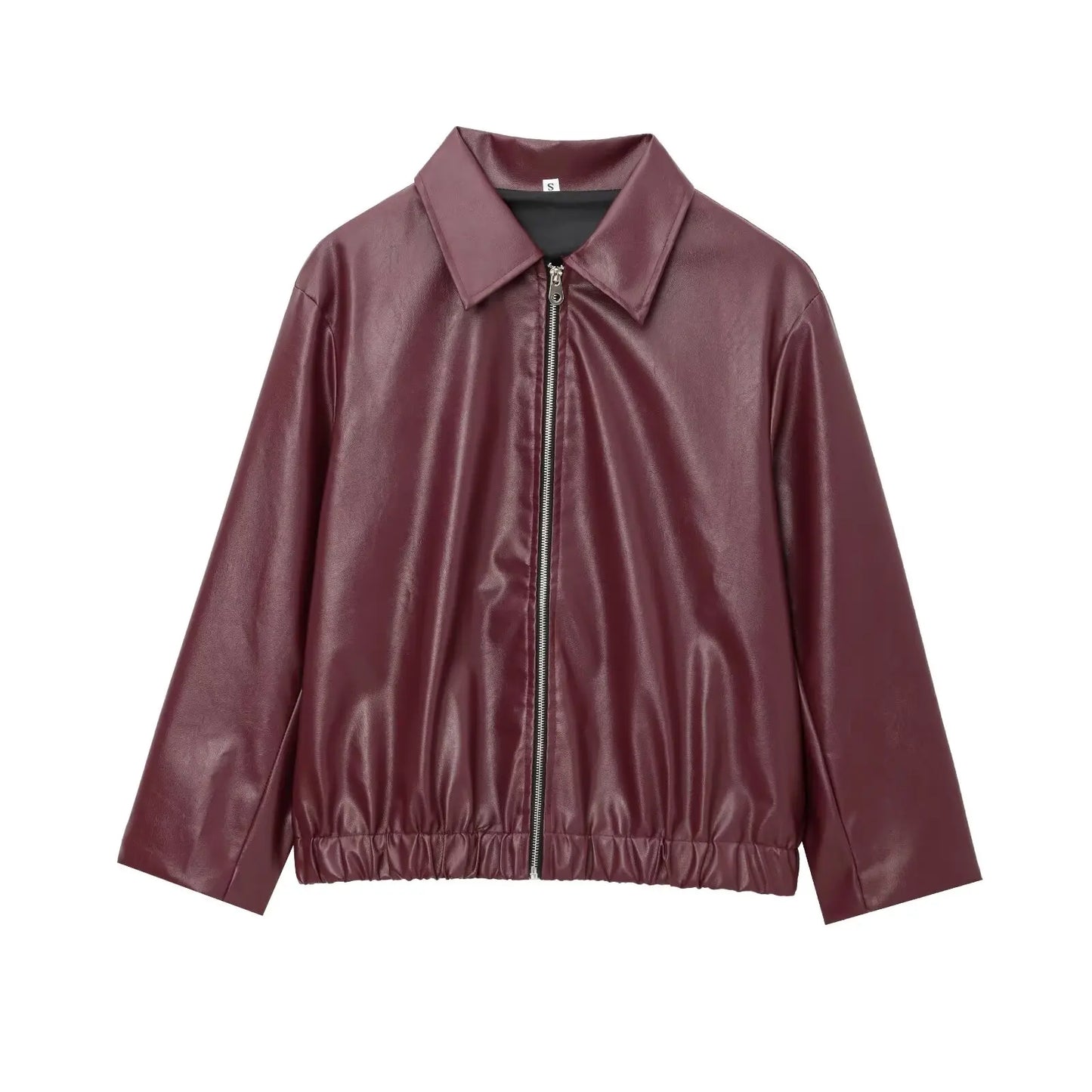 Women’s Cropped Faux Leather Jacket with Zipper and Lapel Collar