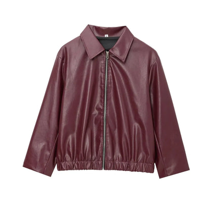 Women’s Cropped Faux Leather Jacket with Zipper and Lapel Collar