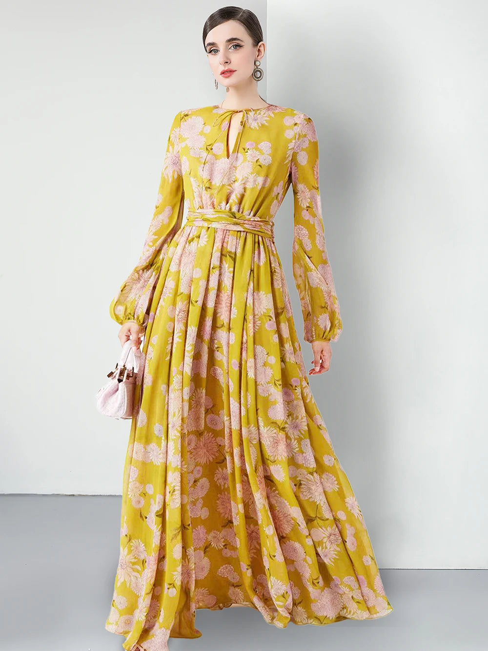 Floral Lace-Up Puff Sleeve Maxi Dress