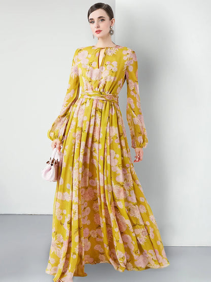 Floral Lace-Up Puff Sleeve Maxi Dress