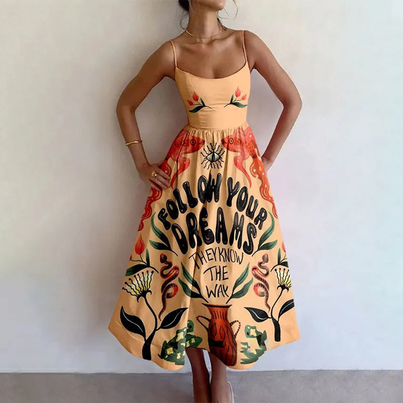 Graphic Print Spaghetti Strap Midi Dress