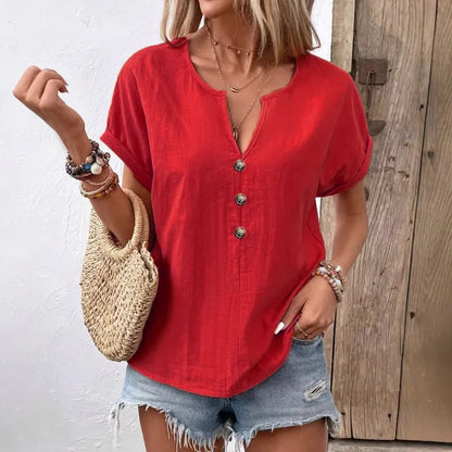 Women’s V-Neck Button Front Loose Fit Casual Summer Blouse