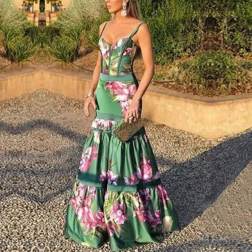 Floral Corset Bodycon Midi Dress with Spaghetti Straps