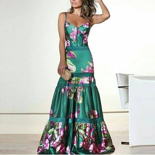 Floral Corset Bodycon Midi Dress with Spaghetti Straps
