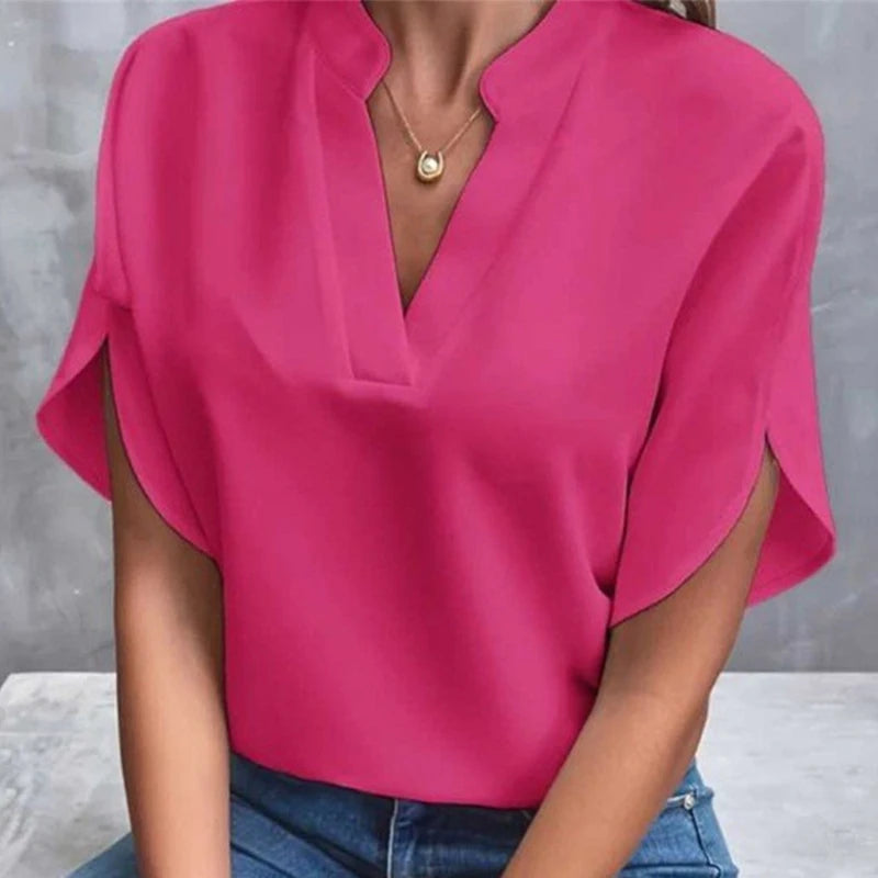 Women’s V-Neck Notch Collar Short Sleeve Loose Blouse