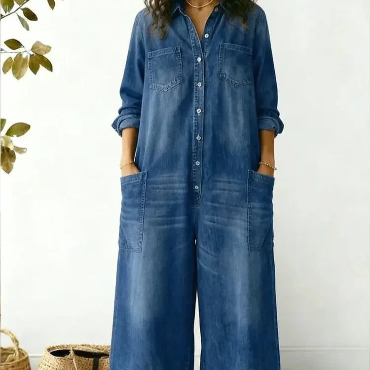 Women's Cozy and Casual Denim Jumpsuit Featuring Large Front Pockets