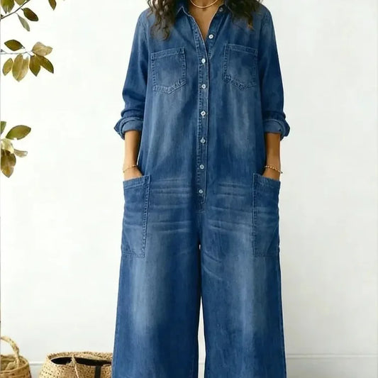 Women's Cozy and Casual Denim Jumpsuit Featuring Large Front Pockets