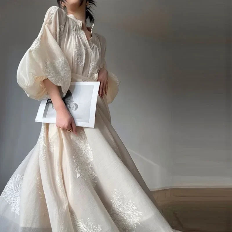 Apricot Embroidered Lantern Sleeve Maxi Dress