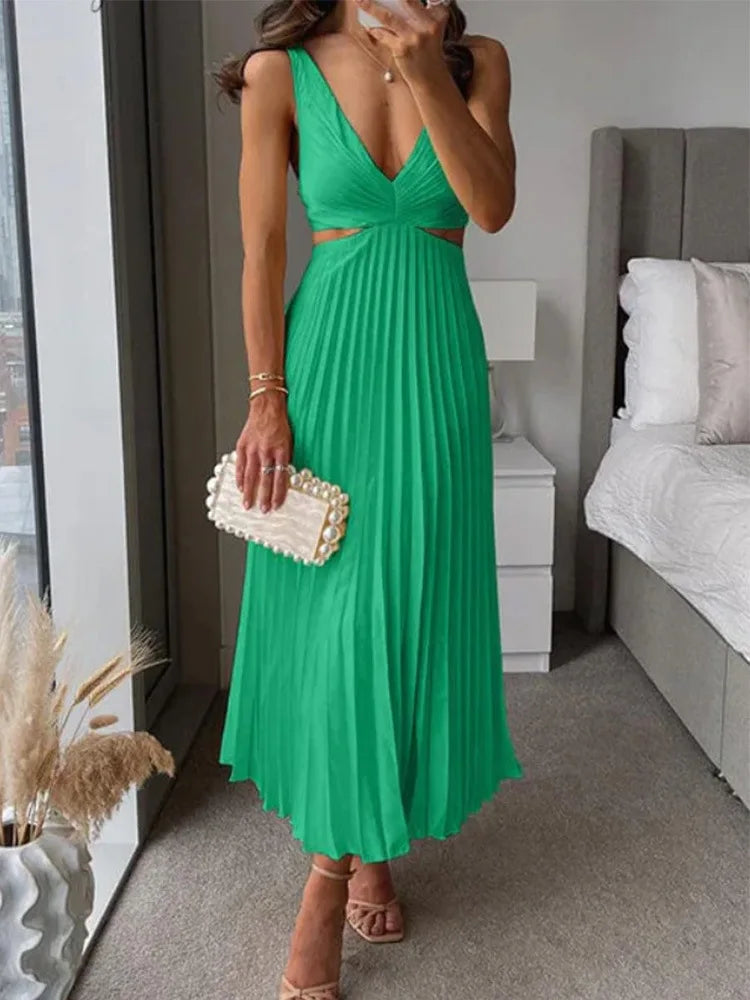 V-Neck Cut-Out Pleated Maxi Dress