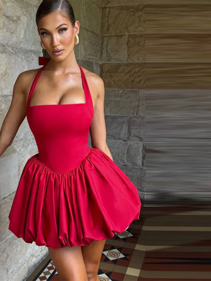 Halter Neck Polka Dot Bubble Hem Mini Dress