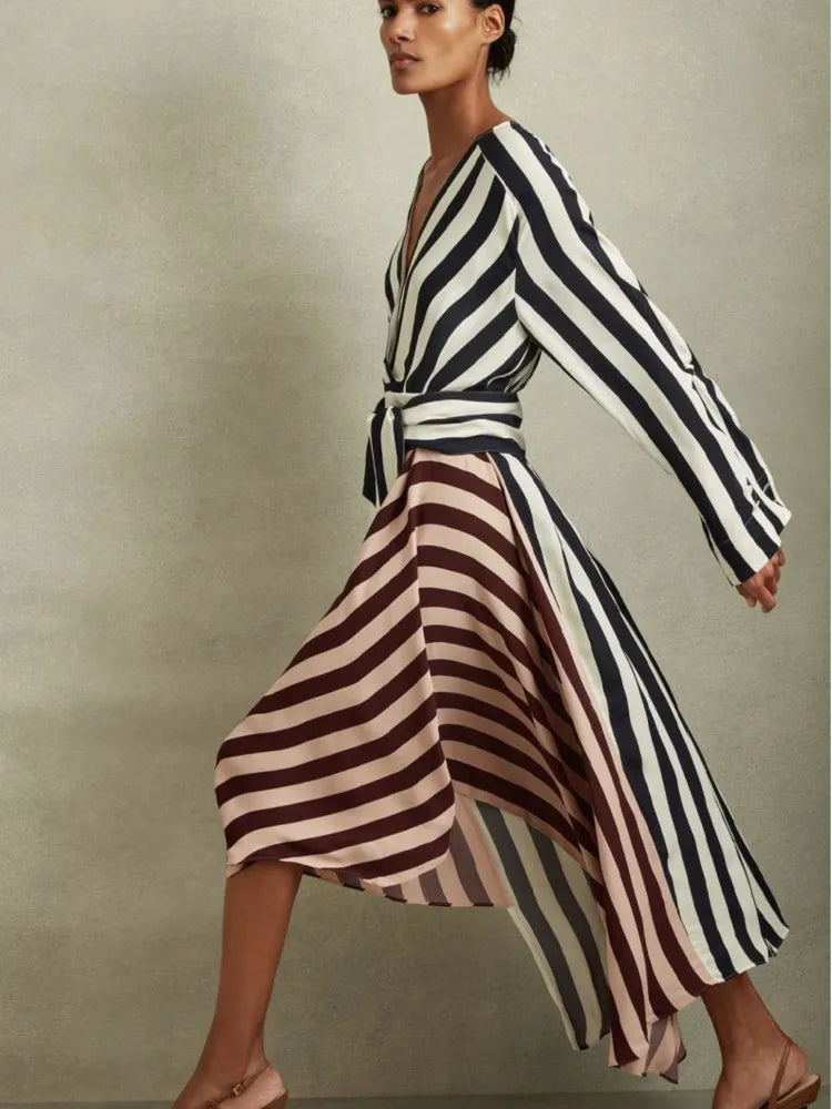 Striped Patchwork Deep V Long Sleeve Maxi Dress