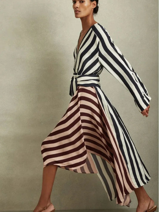 Striped Patchwork Deep V Long Sleeve Maxi Dress