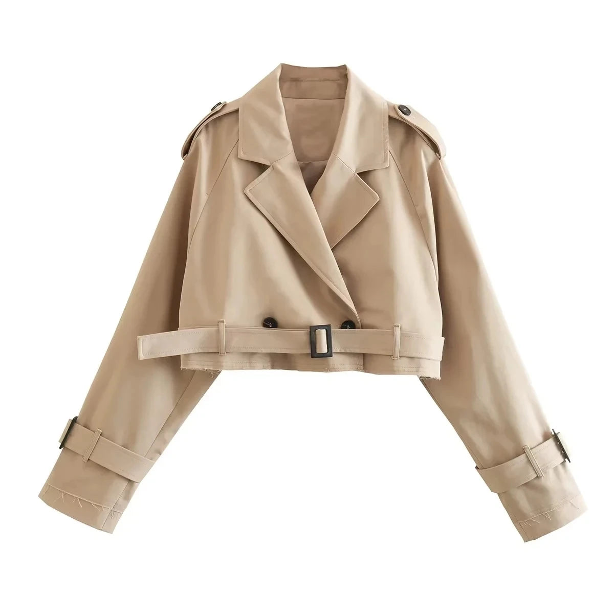 Women’s Cropped Trench Coat Double Breasted Belted Jacket