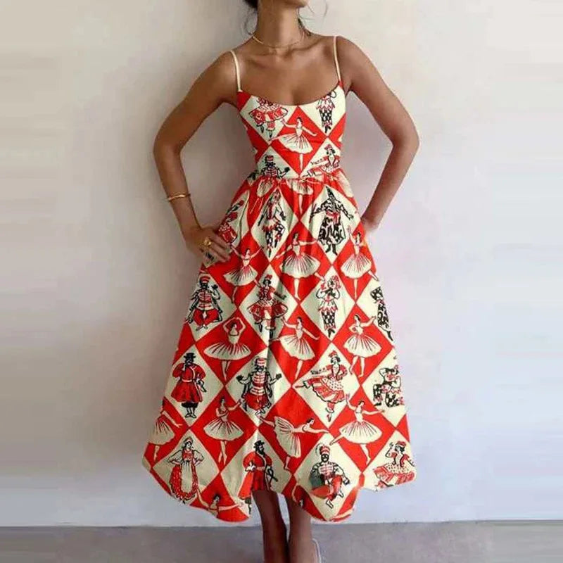 Graphic Print Spaghetti Strap Midi Dress
