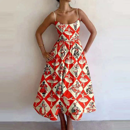 Graphic Print Spaghetti Strap Midi Dress