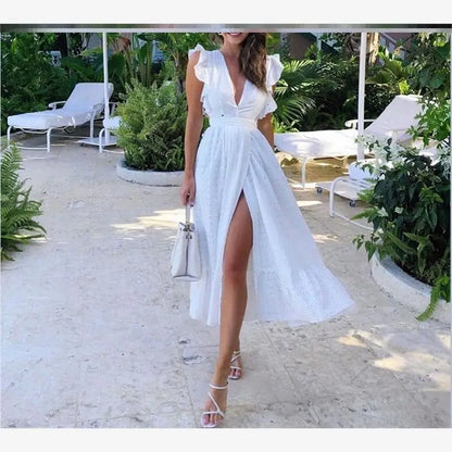 V-Neck Ruffle Sleeve Tie Waist Dress