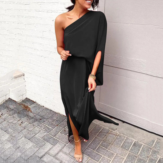 One-Shoulder Asymmetrical Slit Maxi Dress