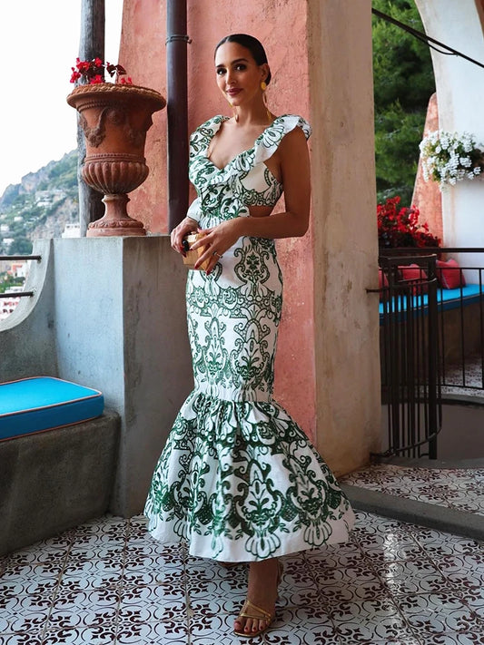 Floral V-Neck Ruffle Strap Cut-Out Midi Dress