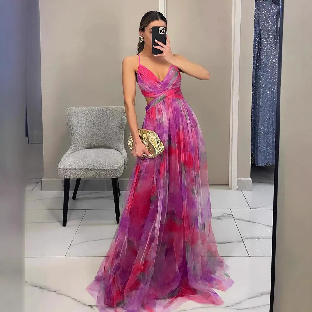 Floral Tulle Cut-Out Waist Lace-Up Back Maxi Dress