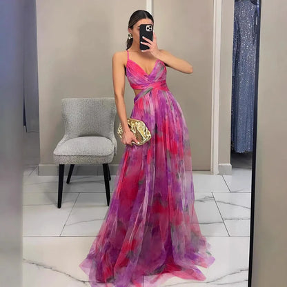 Floral Tulle Cut-Out Waist Lace-Up Back Maxi Dress