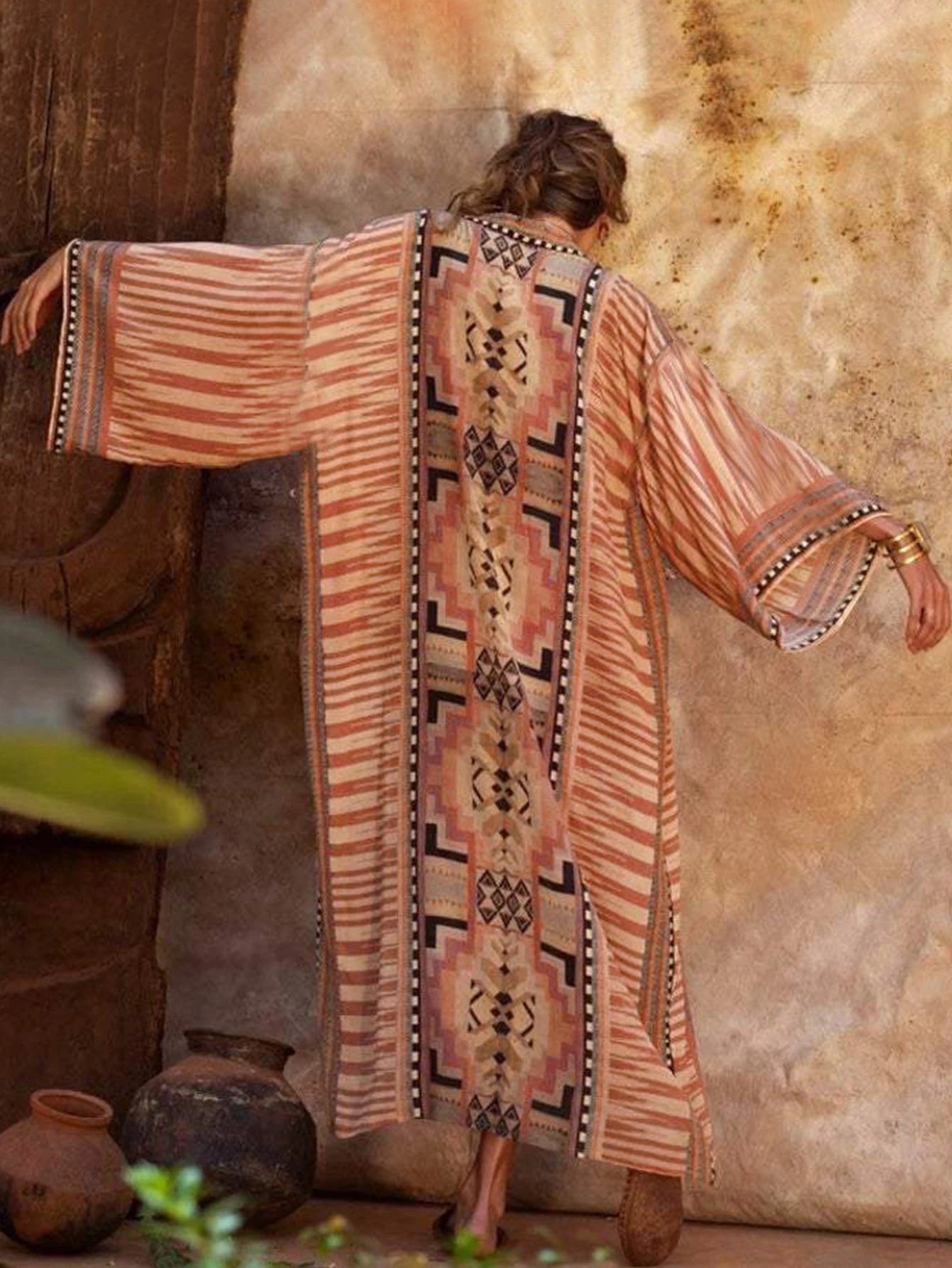 Printed Kimono Sleeve Open Front Cardigan