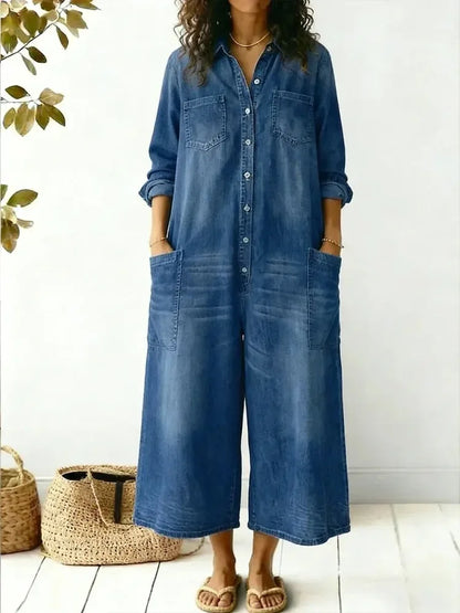 Women's Cozy and Casual Denim Jumpsuit Featuring Large Front Pockets