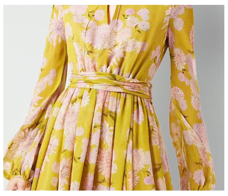 Floral Lace-Up Puff Sleeve Maxi Dress