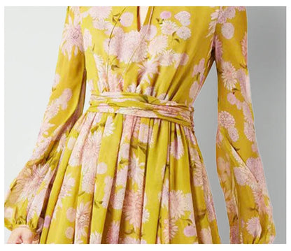 Floral Lace-Up Puff Sleeve Maxi Dress