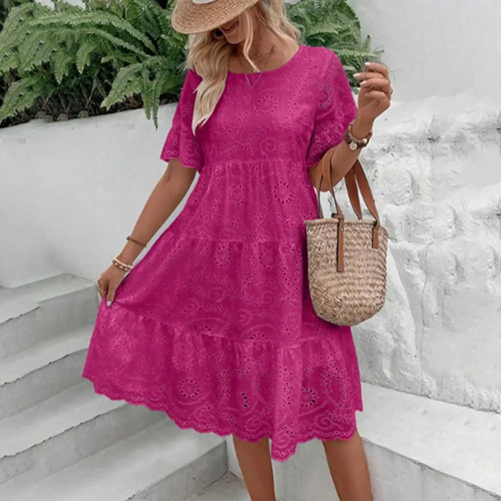 Elegant V-Neck Lace Detail Button Front Midi Dress