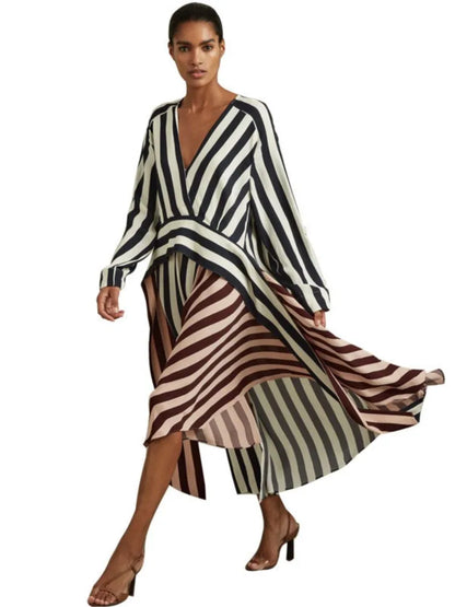 Striped Patchwork Deep V Long Sleeve Maxi Dress