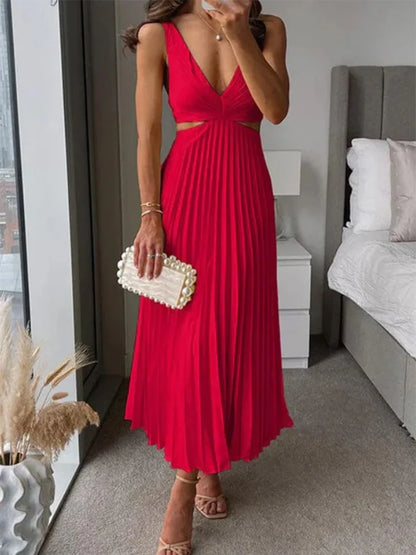 V-Neck Cut-Out Pleated Maxi Dress
