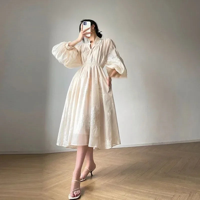 Apricot Embroidered Lantern Sleeve Maxi Dress
