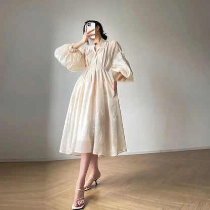 Apricot Embroidered Lantern Sleeve Maxi Dress