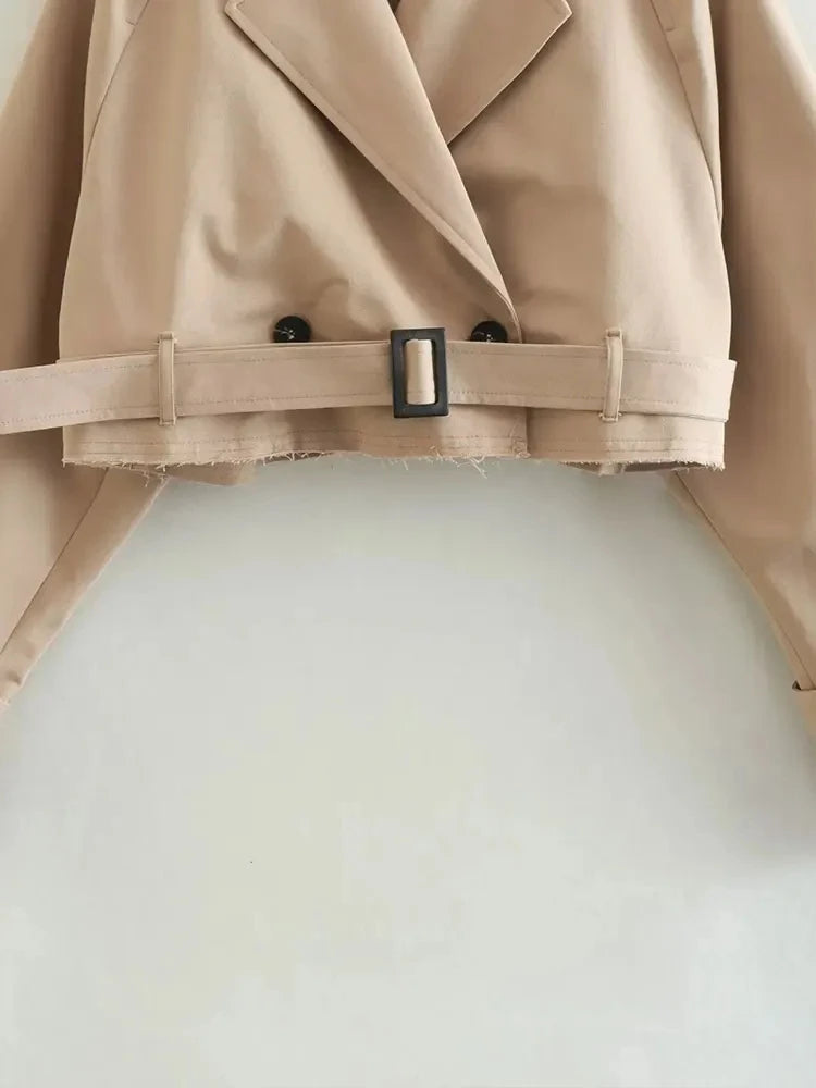 Women’s Cropped Trench Coat Double Breasted Belted Jacket