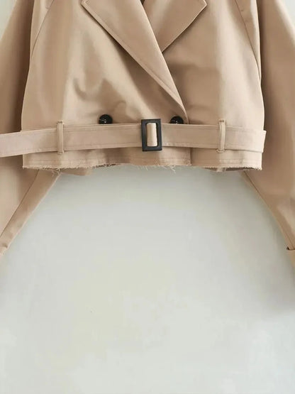 Women’s Cropped Trench Coat Double Breasted Belted Jacket