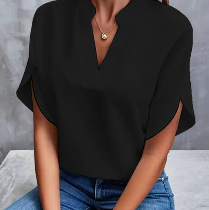 Women’s V-Neck Notch Collar Short Sleeve Loose Blouse
