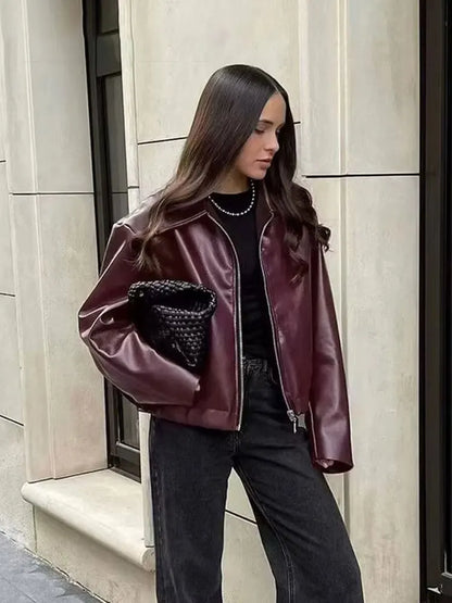 Women’s Cropped Faux Leather Jacket with Zipper and Lapel Collar