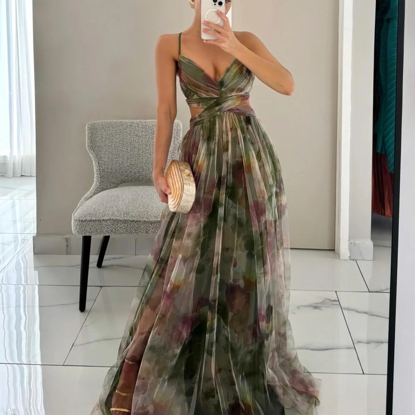 Floral Tulle Cut-Out Waist Lace-Up Back Maxi Dress